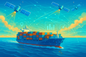 Container vessel at sea with digital overlay representing satellite connectivity and smart maritime technology