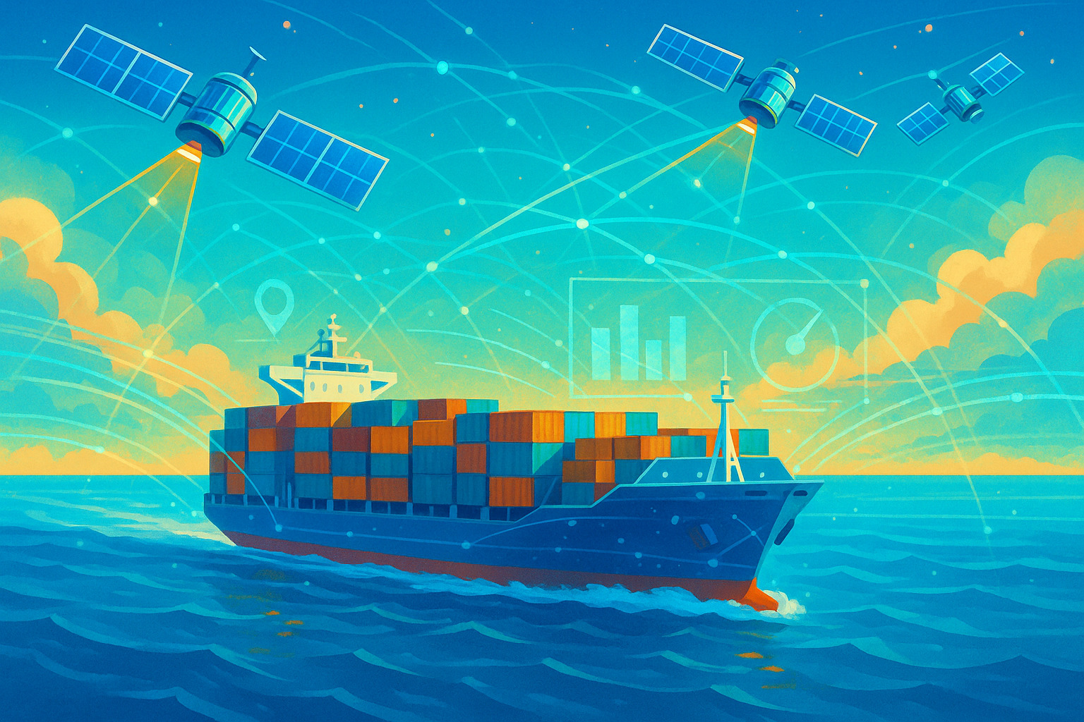 Container vessel at sea with digital overlay representing satellite connectivity and smart maritime technology