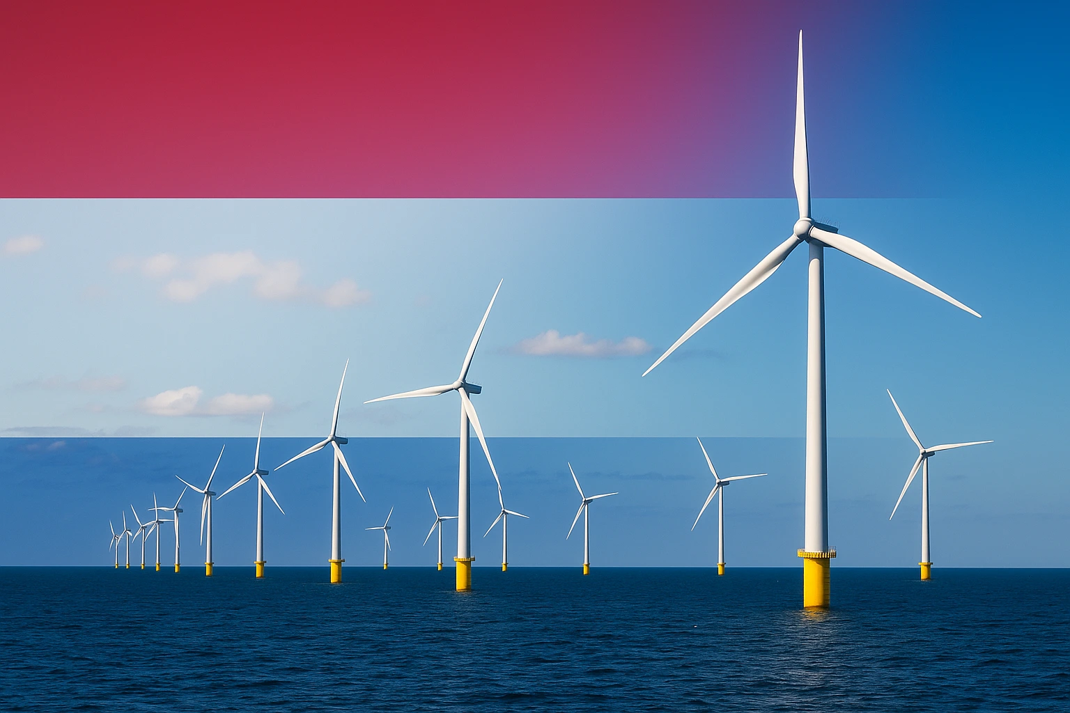Offshore wind turbines in the North Sea with Dutch flag colors in the sky, symbolizing the Netherlands’ renewable energy policy.