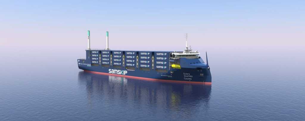Illustration of Samskip’s hydrogen-powered container ship with Sperry Marine IBS