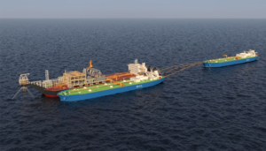Rendering of MOL and MODEC floating CO₂ storage and injection unit (FSIU) at sea, connected to LCO₂ carriers for offshore carbon capture and storage.