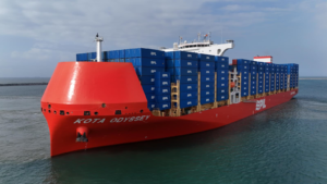 PIL container ship Kota Odyssey, the first LNG dual-fuel container vessel in Ghana, sailing fully loaded with blue PIL containers