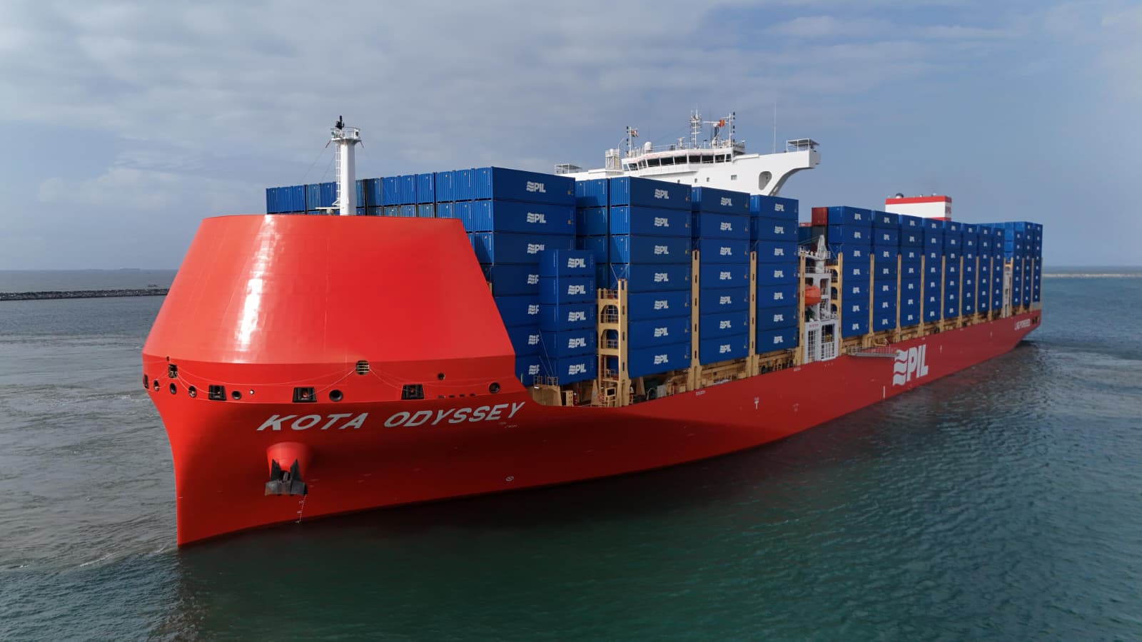 PIL container ship Kota Odyssey, the first LNG dual-fuel container vessel in Ghana, sailing fully loaded with blue PIL containers