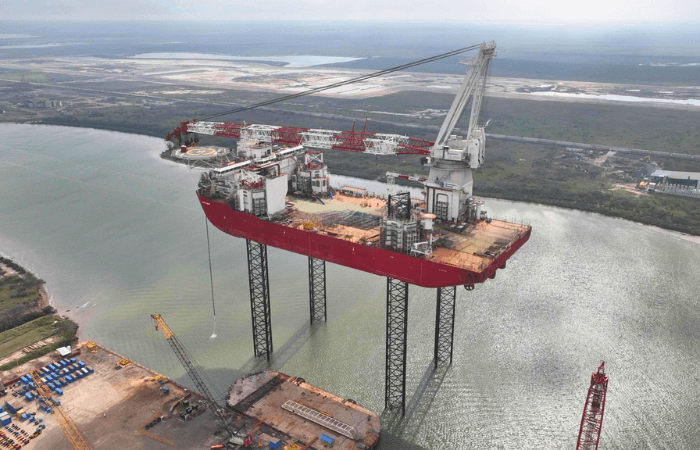 Offshore wind turbine installation vessel Charybdis docked at Portsmouth Marine Terminal in Virginia