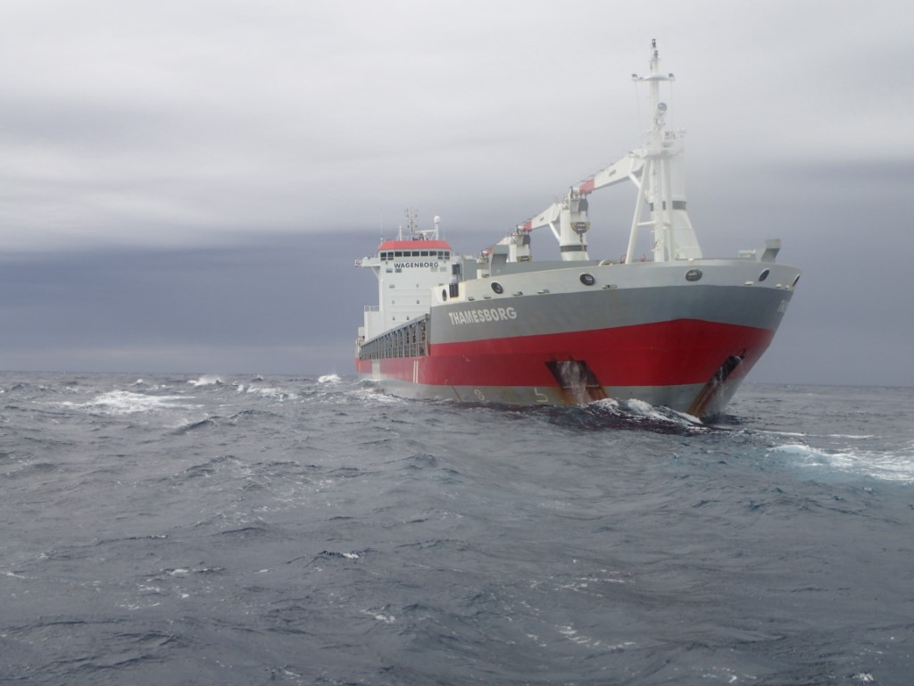 Salvage vessels Beverly M I and Silver Copenhagen arrive to refloat grounded cargo ship Thamesborg in Canadian Arctic Franklin Strait