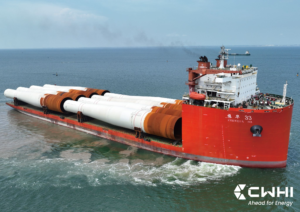 COSCO’s Zhen Hua 33 carrying eight XXL monopiles from Qinzhou, China, to Leith, Scotland, for the Inch Cape Offshore Wind Farm