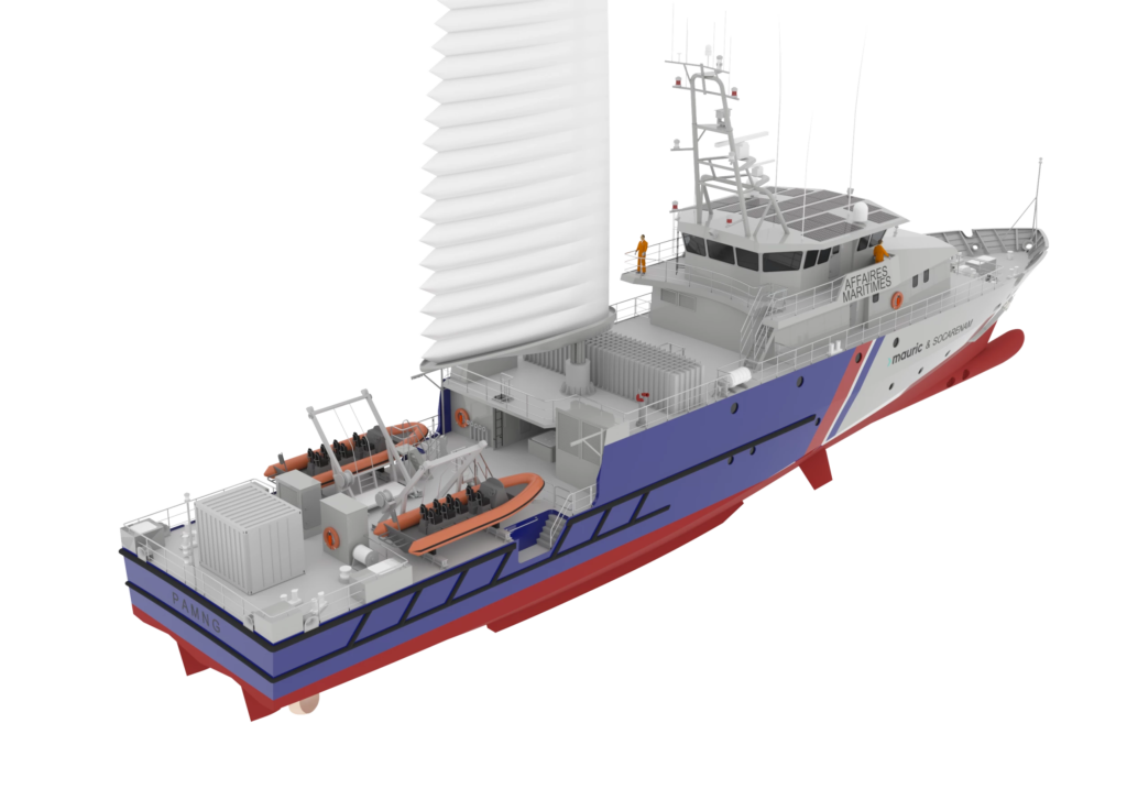 Steel cutting of new French patrol vessel with wind-assisted propulsion at Socarenam shipyard