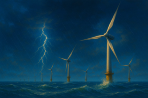 Offshore wind turbines at sunrise off the coast