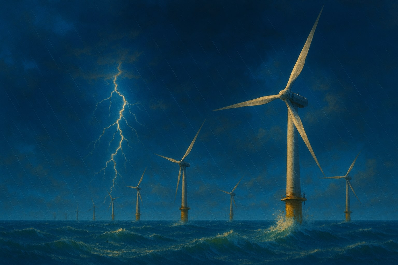 Offshore wind turbines at sunrise off the coast