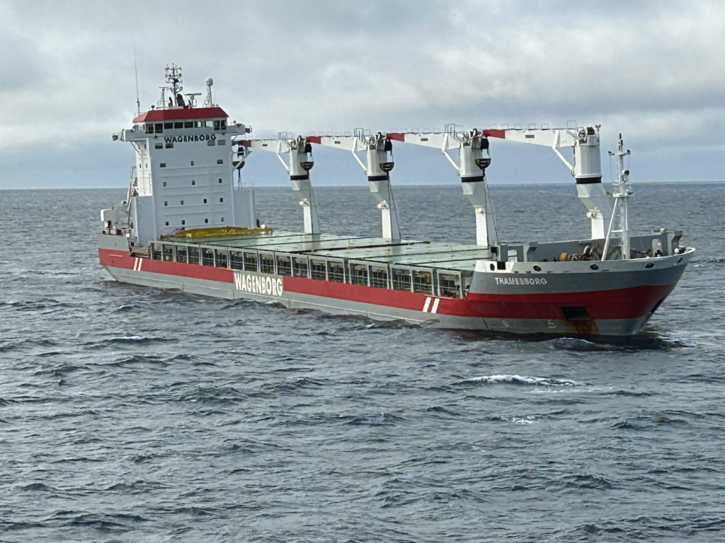 Dutch cargo vessel Thamesborg from Royal Wagenborg aground in Canada’s Northwest Passage during Arctic voyage, awaiting salvage by the Canadian Coast Guard.