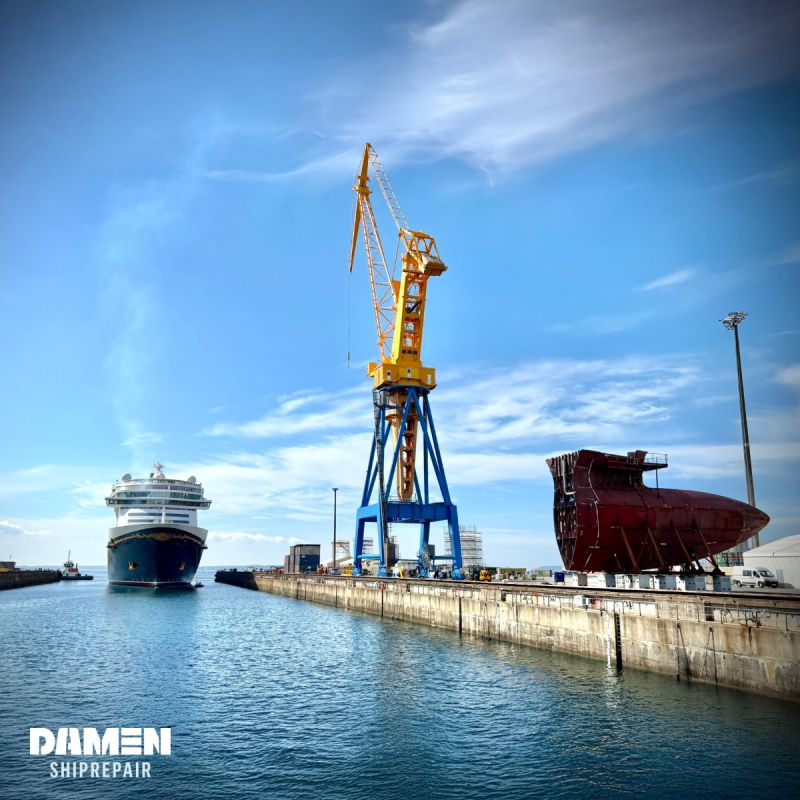 Disney Fantasy cruise ship docked at Damen Shiprepair Brest for retrofit works