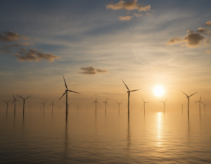 AI-generated image showing offshore wind turbines at sunset on calm sea waters, representing the UK’s offshore renewable energy sector.