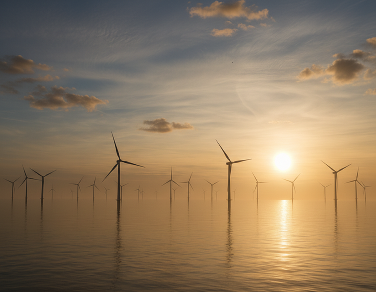 AI-generated image showing offshore wind turbines at sunset on calm sea waters, representing the UK’s offshore renewable energy sector.
