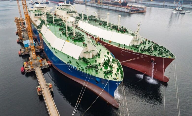 Hanwha Ocean LNG carriers conducting ship-to-ship transfer during sea trials off Geoje Island Description: