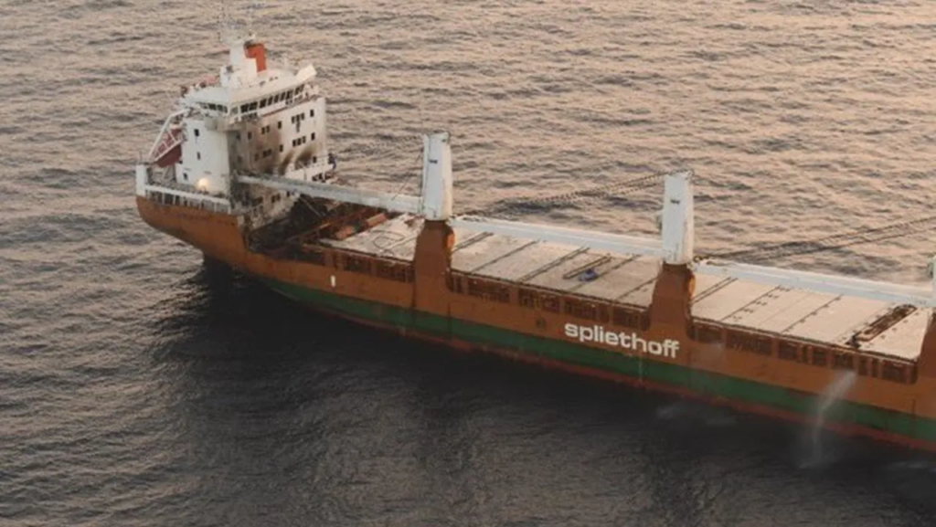 Dutch cargo ship MV Minervagracht showing heavy burn damage on deckhouse after Houthi missile strike in Gulf of Aden