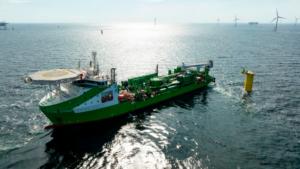 Offshore wind turbines in the German North Sea, part of the Nordseecluster B project where DEME will install cables