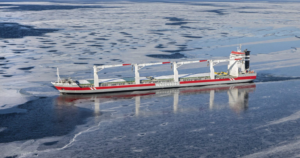 Icebreaker assisting grounded cargo ship in Arctic waters