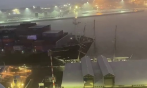 Maersk Shekou boxship after collision with tall ship Leeuwin II in Fremantle Harbor