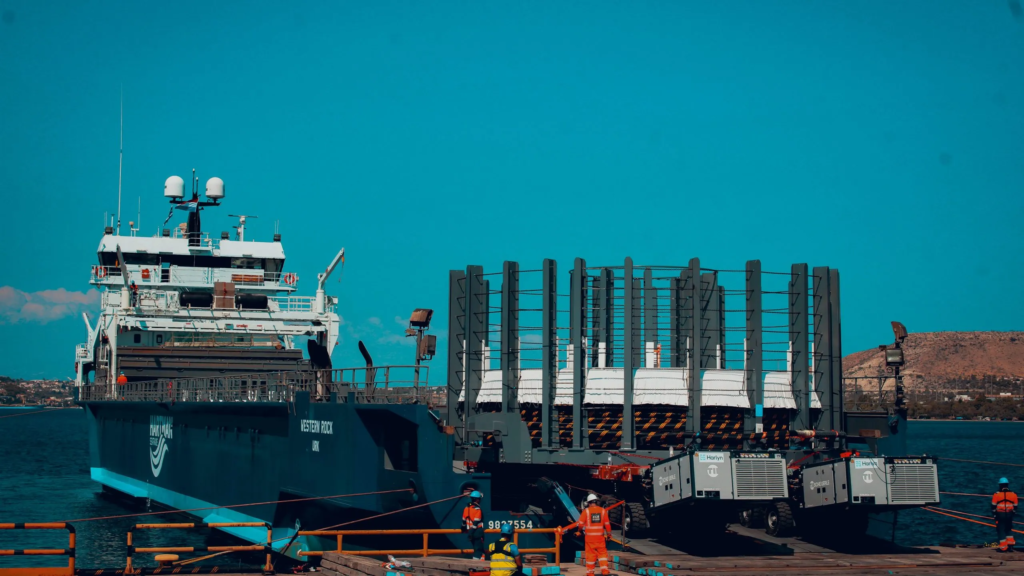 Harlyn RoRo loading subsea cable baskets onto the vessel Western Rock