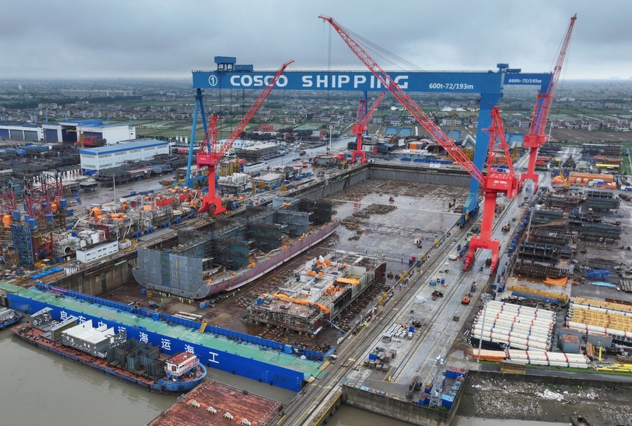 Cadeler Wind Apex A-class offshore wind installation vessel at COSCO Shipping Offshore shipyard in Qidong
