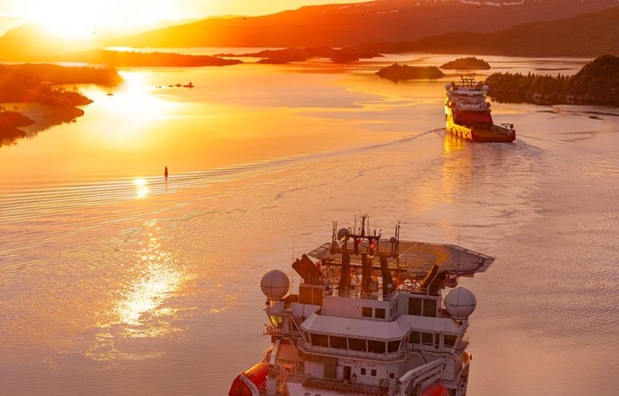 Four vessels supporting DOF Group ASA's TotalEnergies FSO Unity Replacement Project with subsea construction and mooring operations.